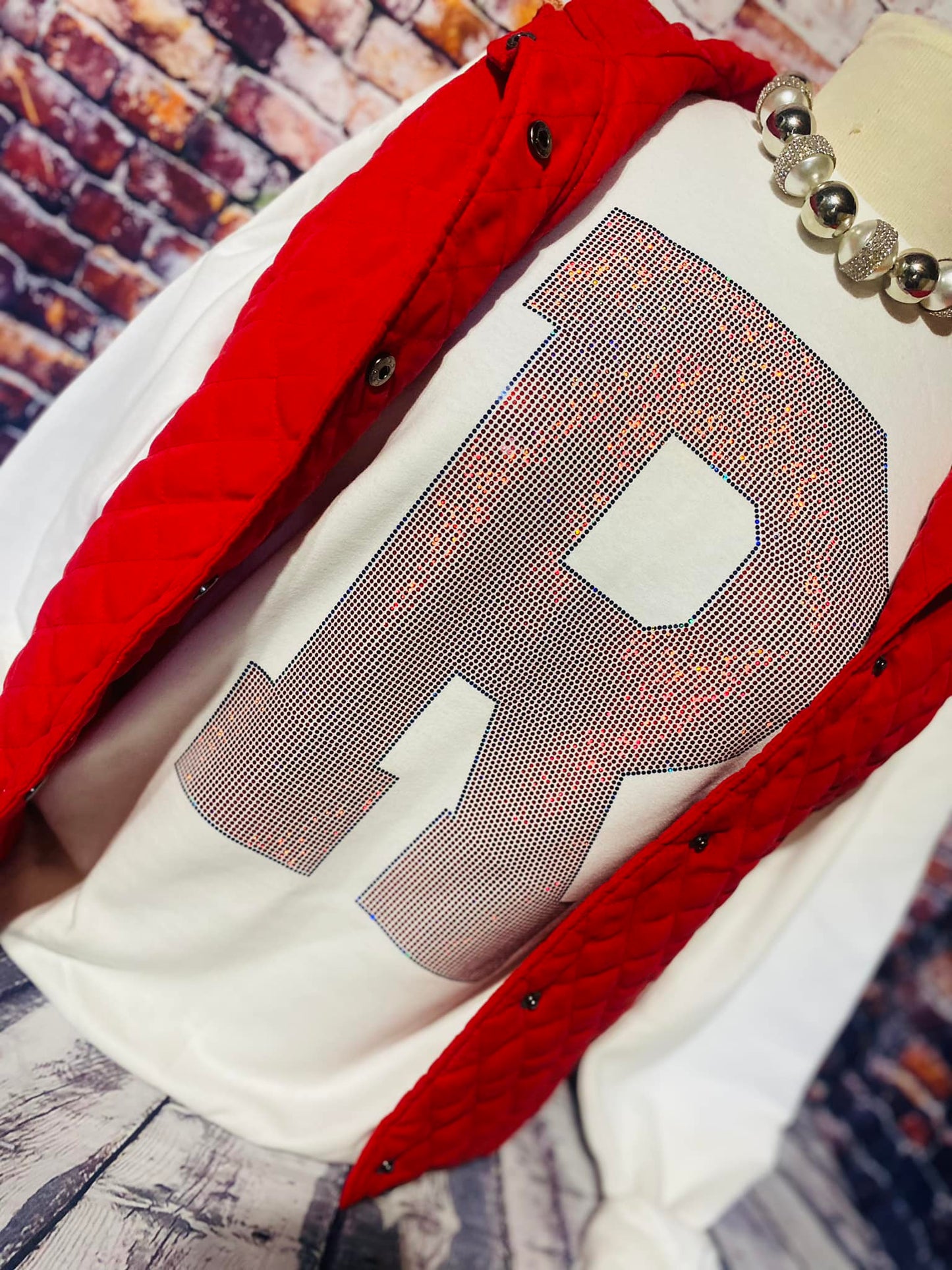 R Red & Navy Spangled White Sweatshirt