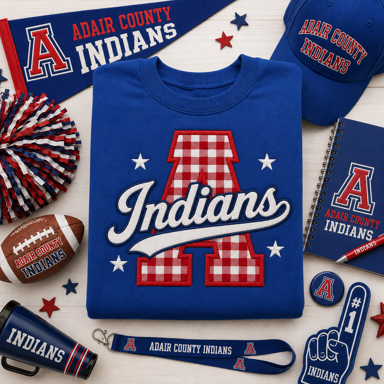 Embroidered A Indians Gingham Royal Sweathirt