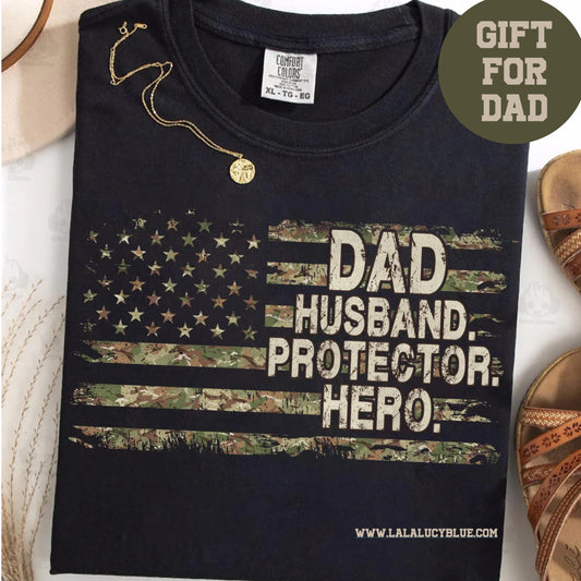 Dad Husband Protector Camo Flag - Black Tee