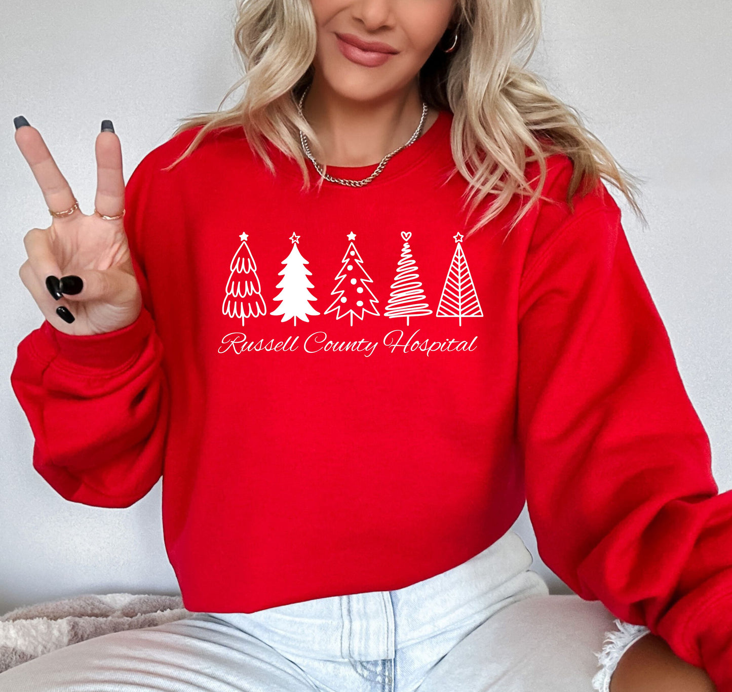 Russell Co Hospital Christmas Trees Red Sweatshirt