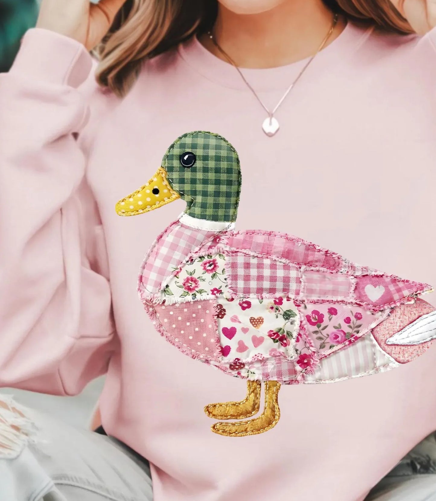 Faux Patchwork Love Duck Pink Sweatshirt