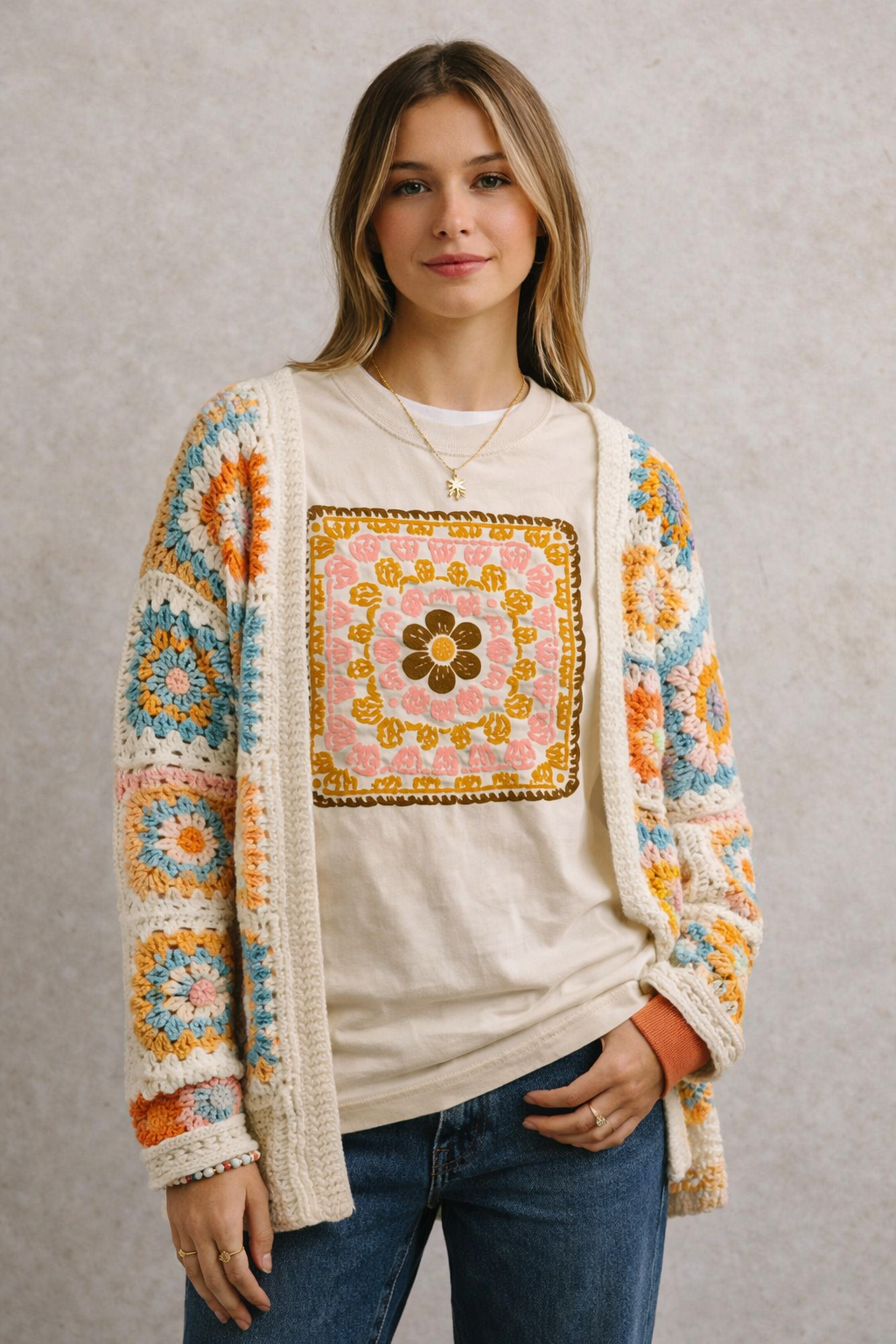 Vintage Granny Square Tee - Cream