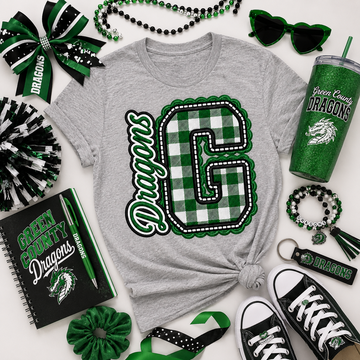 Green County Plaid G Dragons Grey Tee