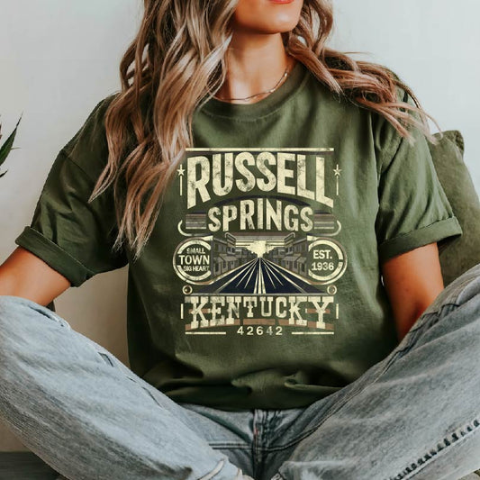 Russell Springs Small Town Big Heart Green Tee