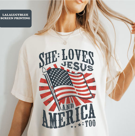 She Loves Jesus & America Cream Flag Tee