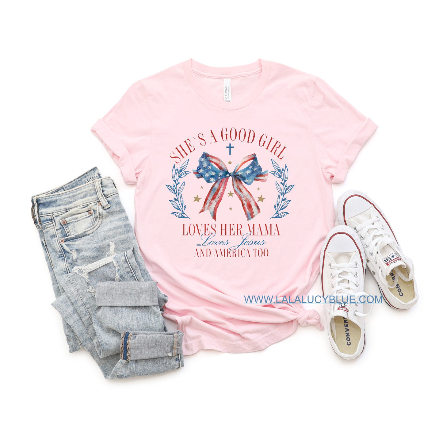 She Loves Jesus & America Too Pink Tee *Adult & Youth*