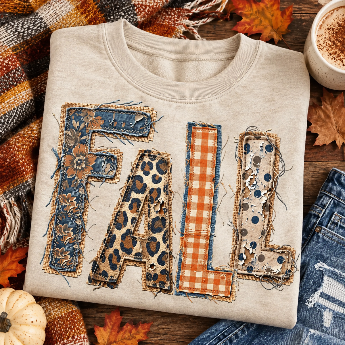 Fall Faux Distress Embroidered Patchwork Sand Top