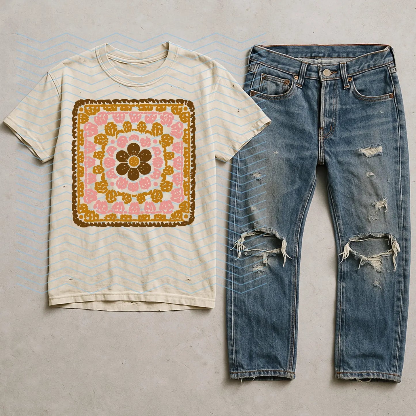 Vintage Granny Square Tee - Cream