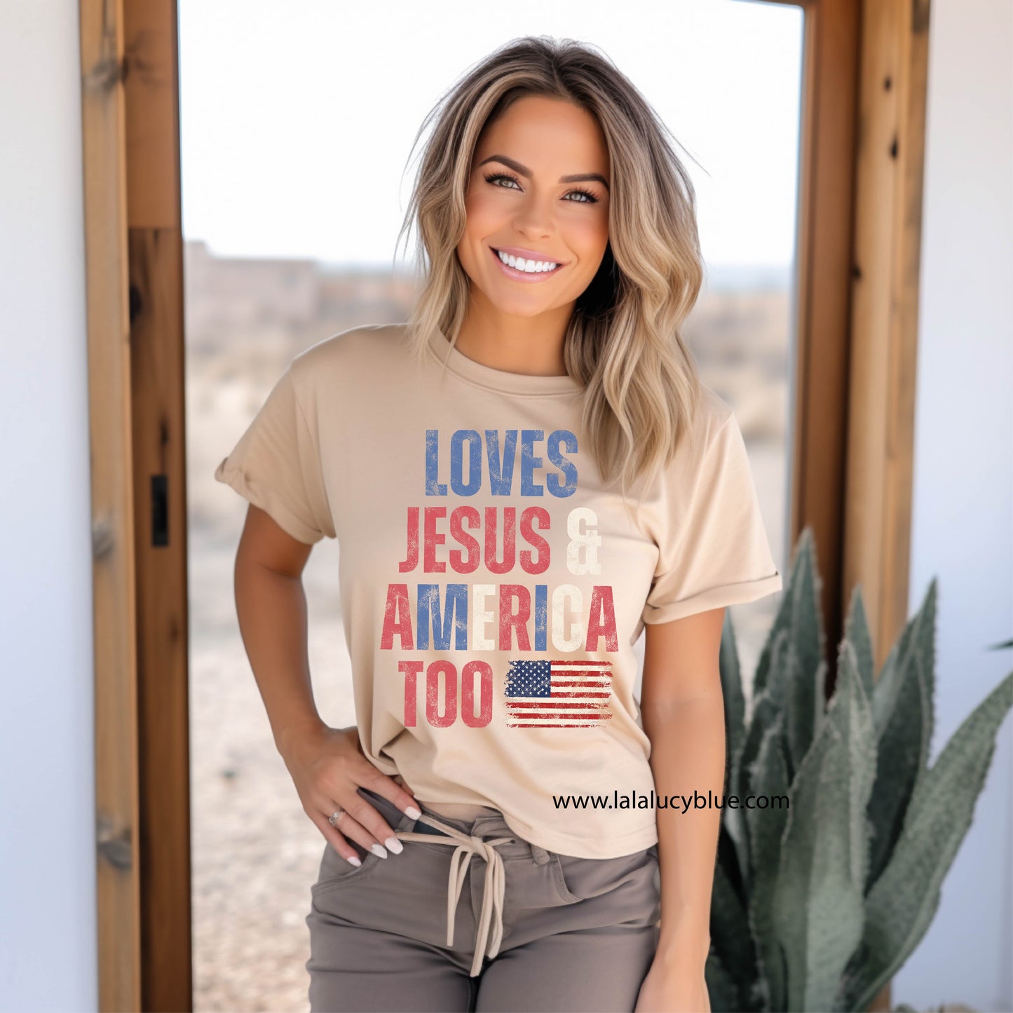 Loves Jesus & America Too Tan Tee