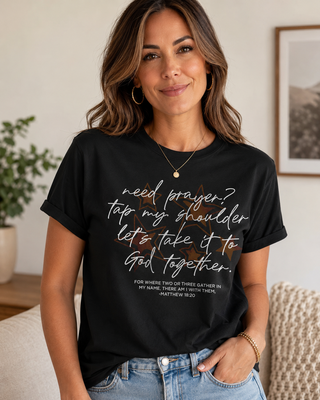 Need Prayer Brown Stars Black Tee