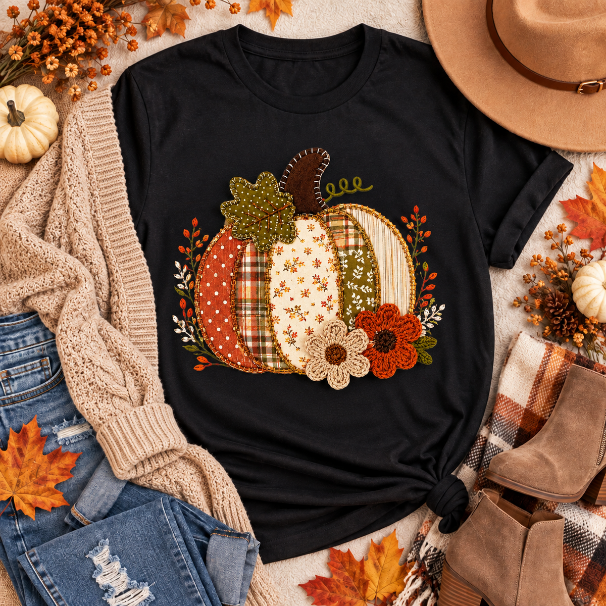 Black Faux Embroidered Crocheted Pumpkin Top