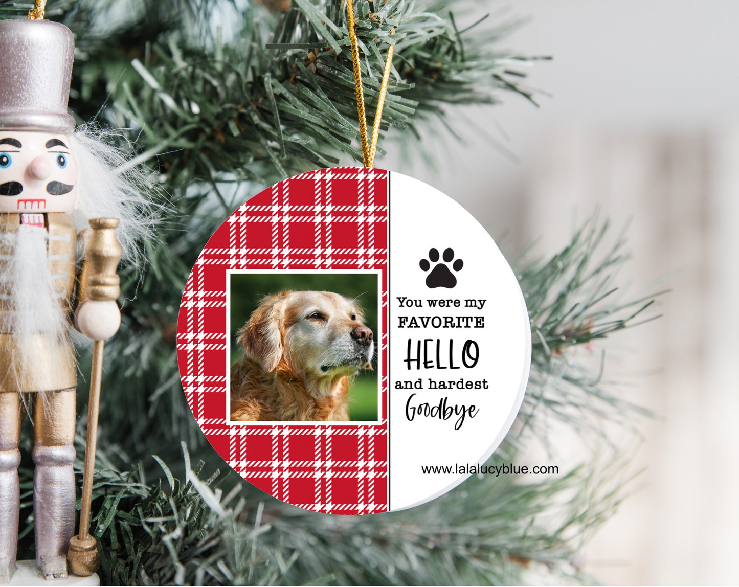Pet Memorial Red Plaid Round Ornament *ADD PICTURE*